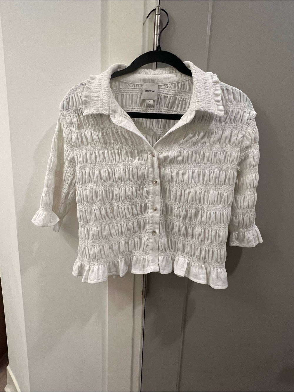 White Smocked Button-Front Crop Top